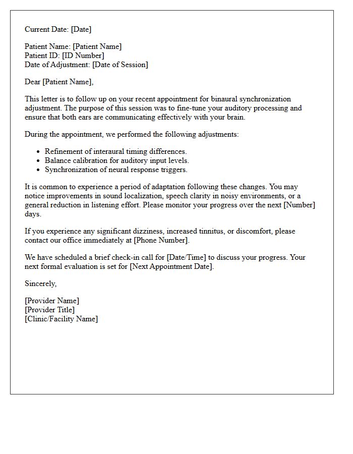 Binaural Synchronization Adjustment Follow-Up Letter