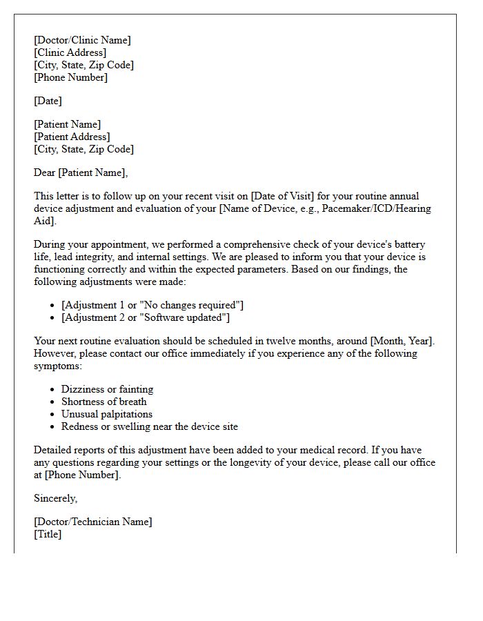 Routine Annual Device Adjustment Follow-Up Letter