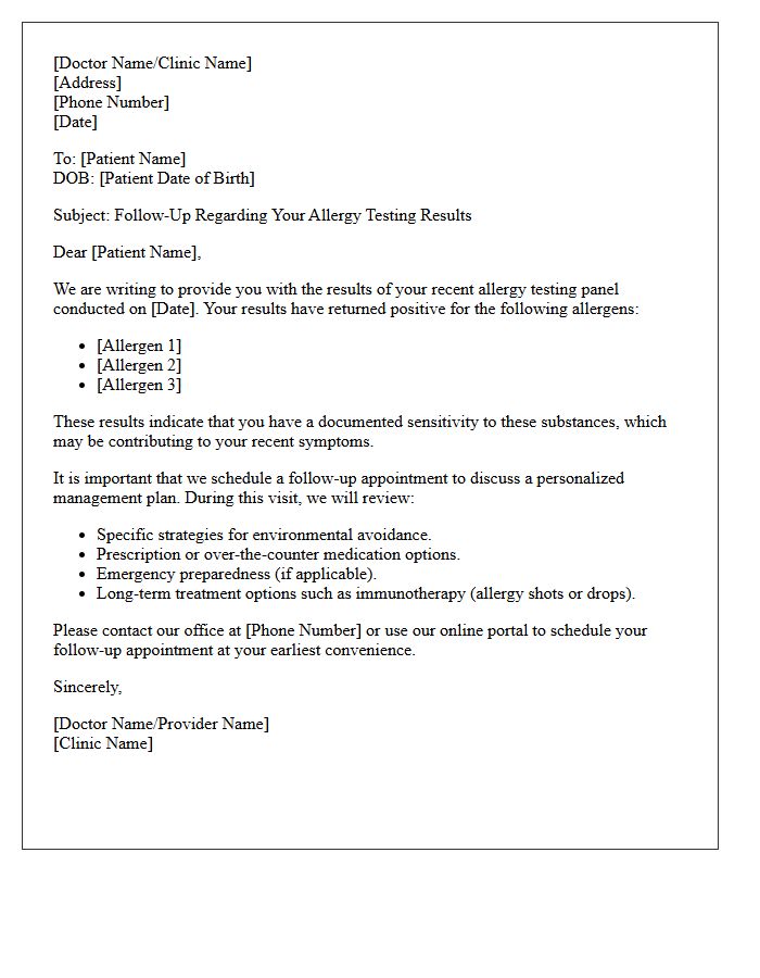 Positive Allergy Testing Panel Results Follow-Up Letter