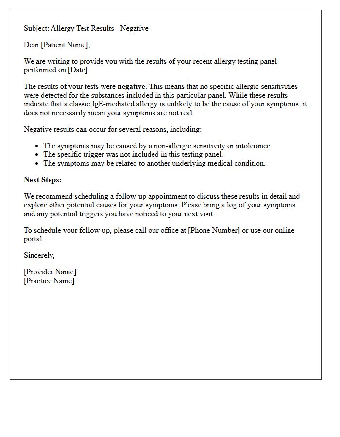 Negative Allergy Testing Panel Results Follow-Up Letter