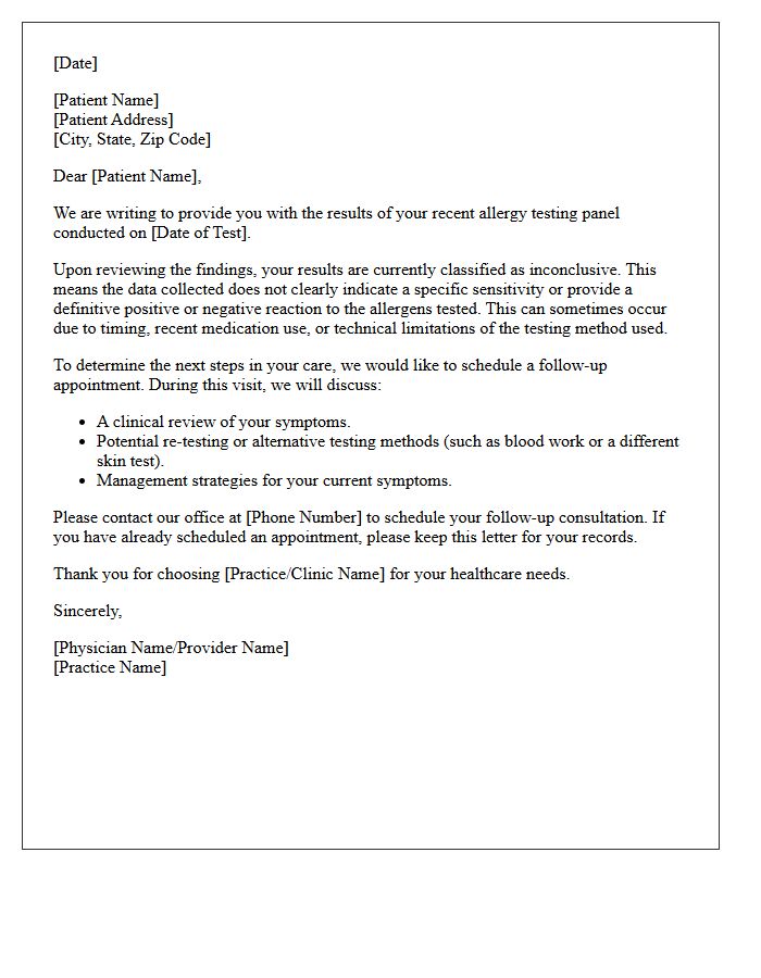 Inconclusive Allergy Testing Panel Results Follow-Up Letter