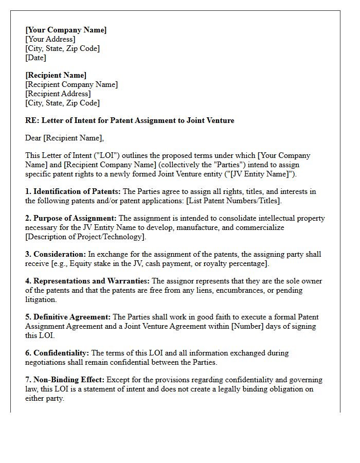 Letter of Intent for Joint Venture Patent Assignment