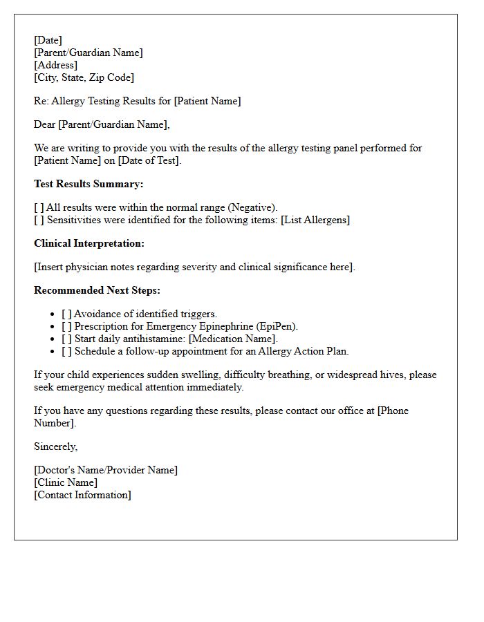 Pediatric Allergy Testing Panel Results Follow-Up Letter