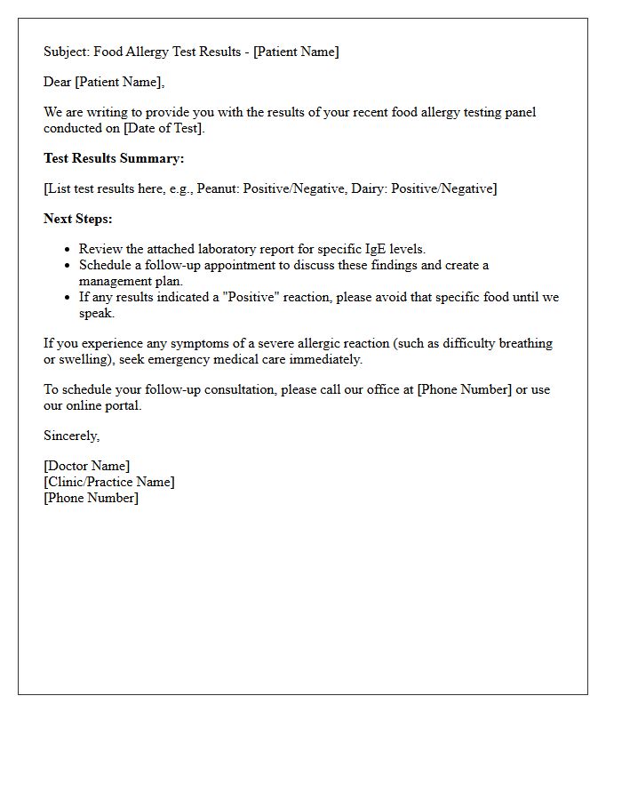 Food Allergy Testing Panel Results Follow-Up Letter