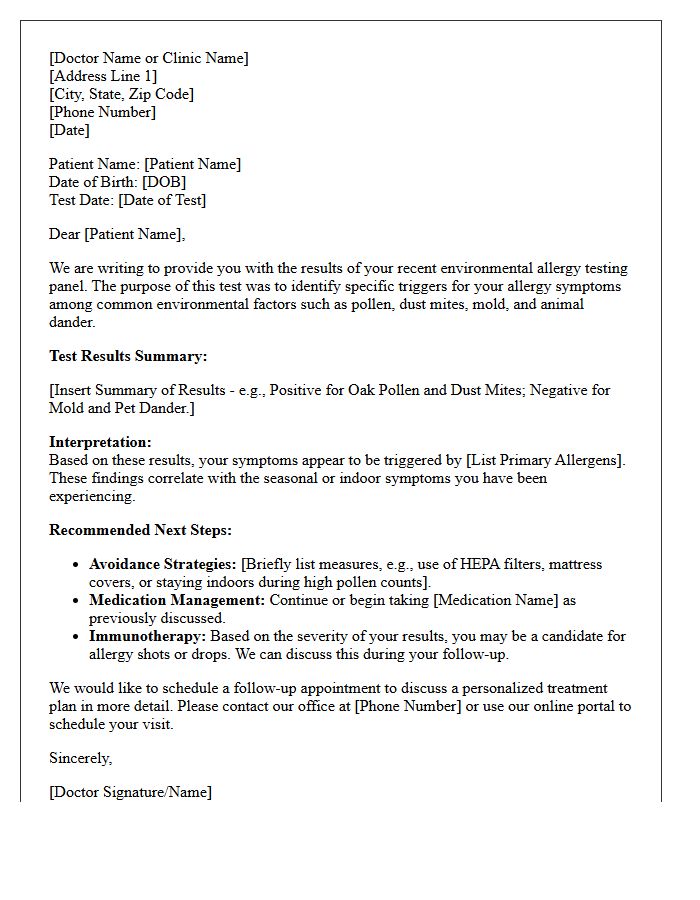 Environmental Allergy Testing Panel Results Follow-Up Letter