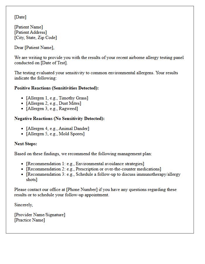 Airborne Allergy Testing Panel Results Follow-Up Letter