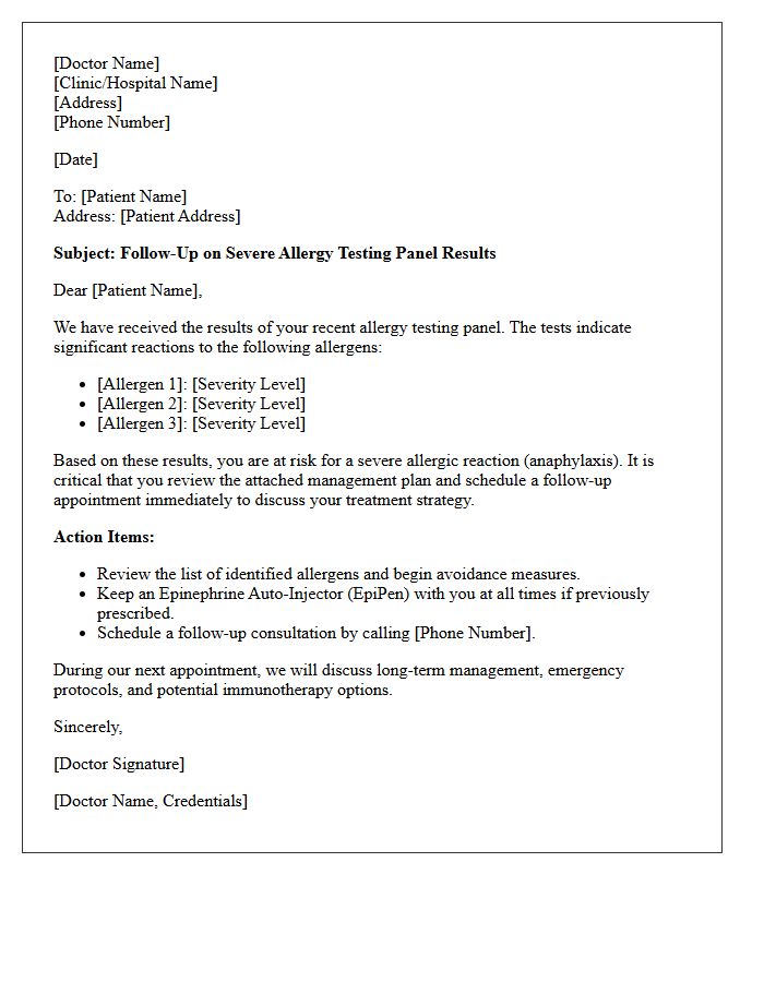 Severe Allergy Testing Panel Results Follow-Up Letter