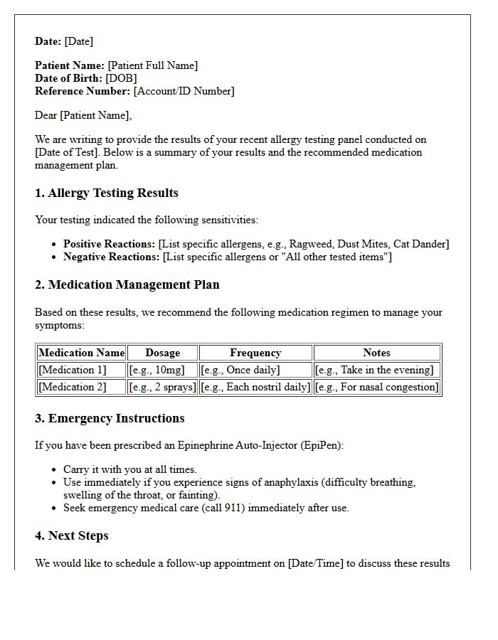 Allergy Testing Panel Results and Medication Management Letter