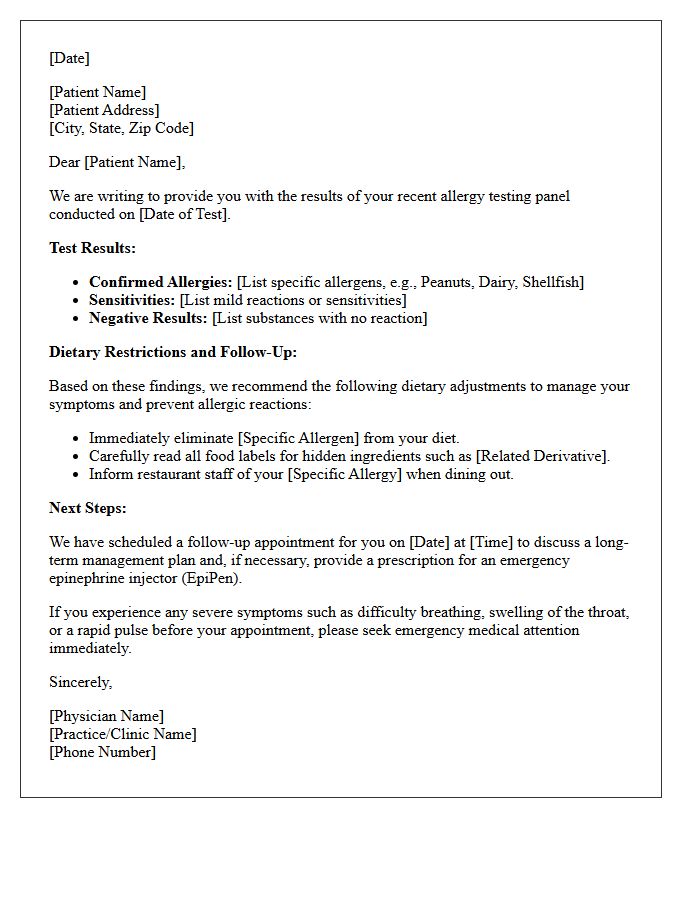Allergy Testing Panel Results and Dietary Restriction Follow-Up Letter