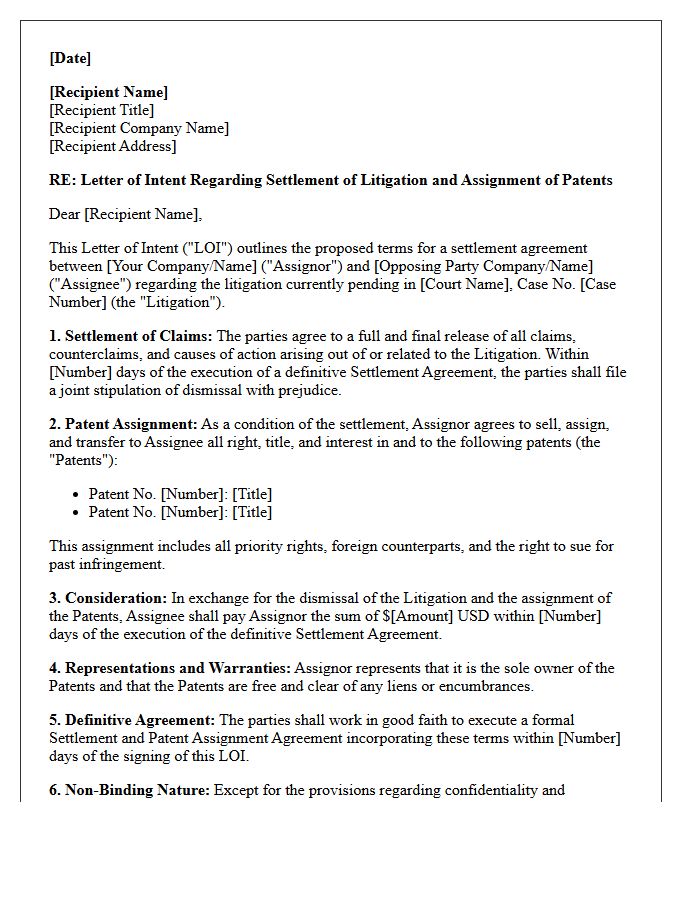 Letter of Intent for Litigation Settlement Patent Assignment