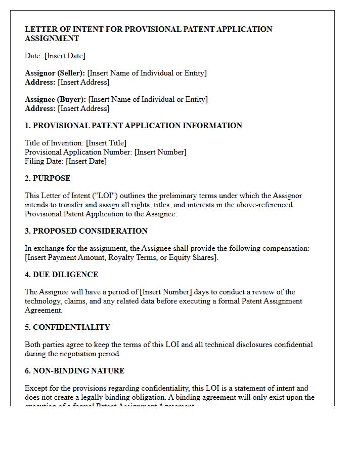 Letter of Intent for Provisional Patent Application Assignment
