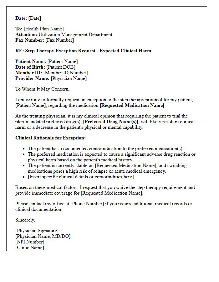 Expected Clinical Harm Step Therapy Exception Letter