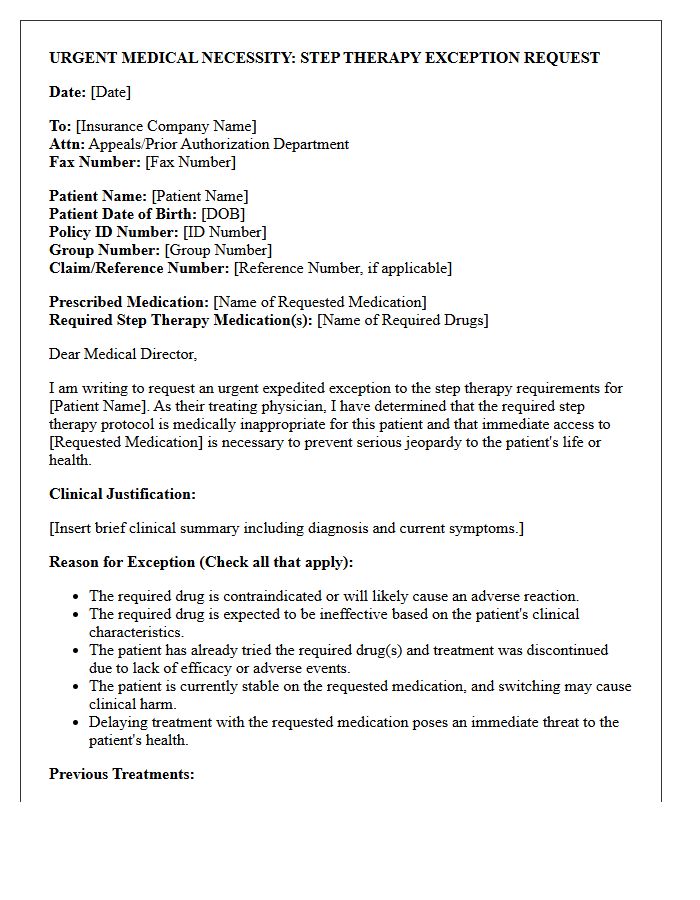 Urgent Medical Necessity Step Therapy Exception Letter