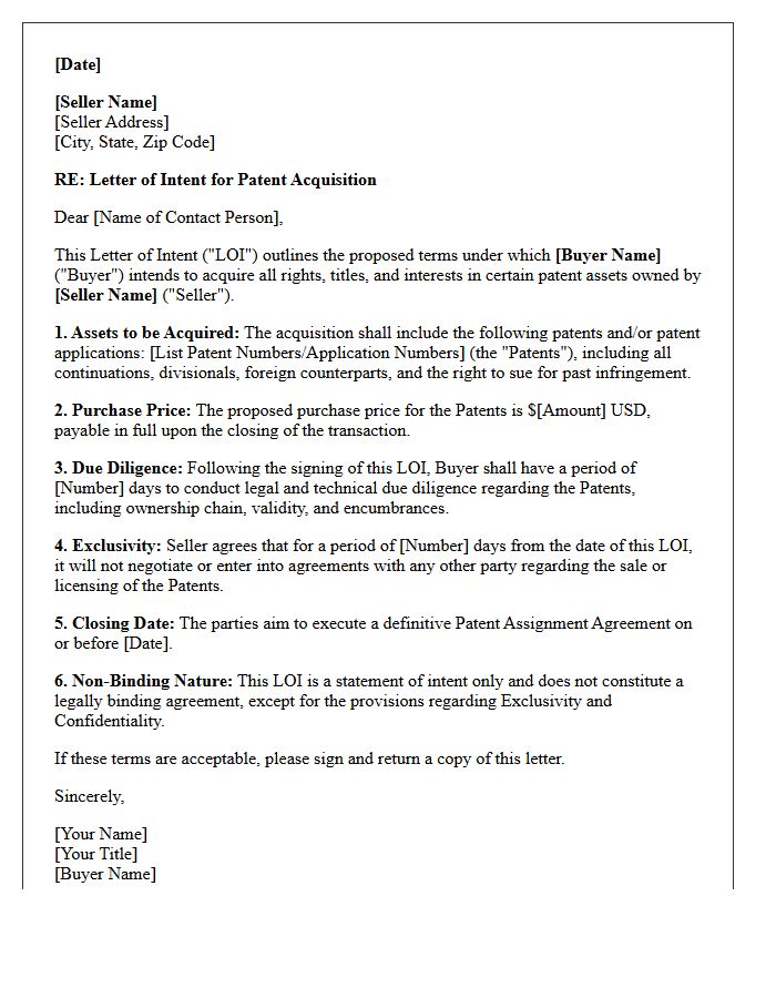 Letter of Intent for Corporate Acquisition Patent Assignment
