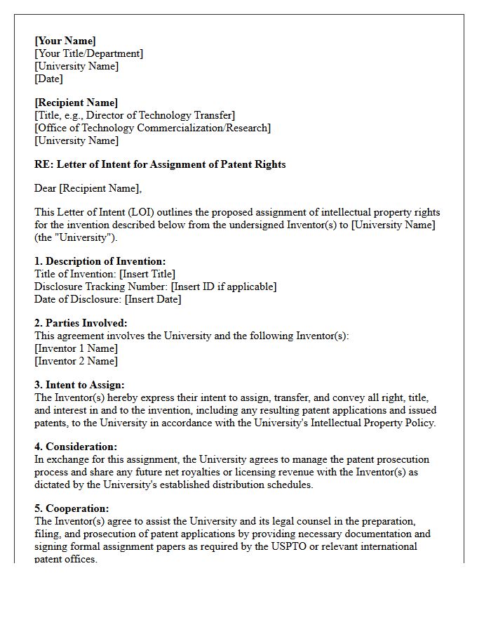 Letter of Intent for University Research Patent Assignment