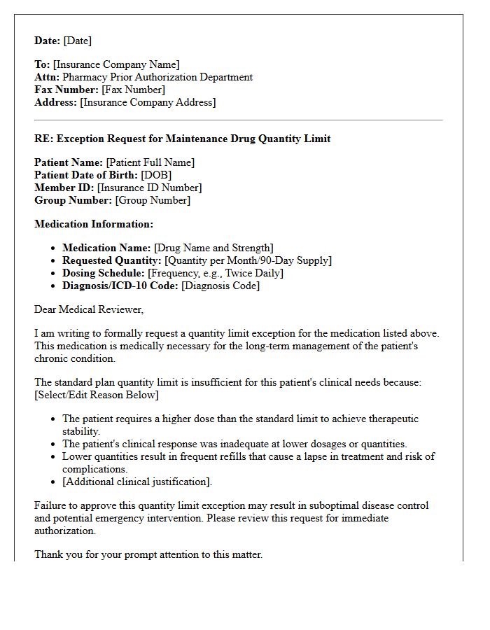 Maintenance Drug Quantity Limit Exception Authorization Letter