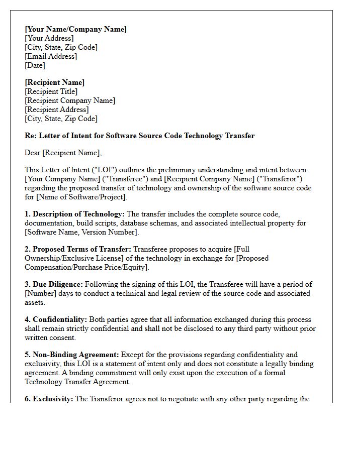 Letter Of Intent For Software Source Code Technology Transfer