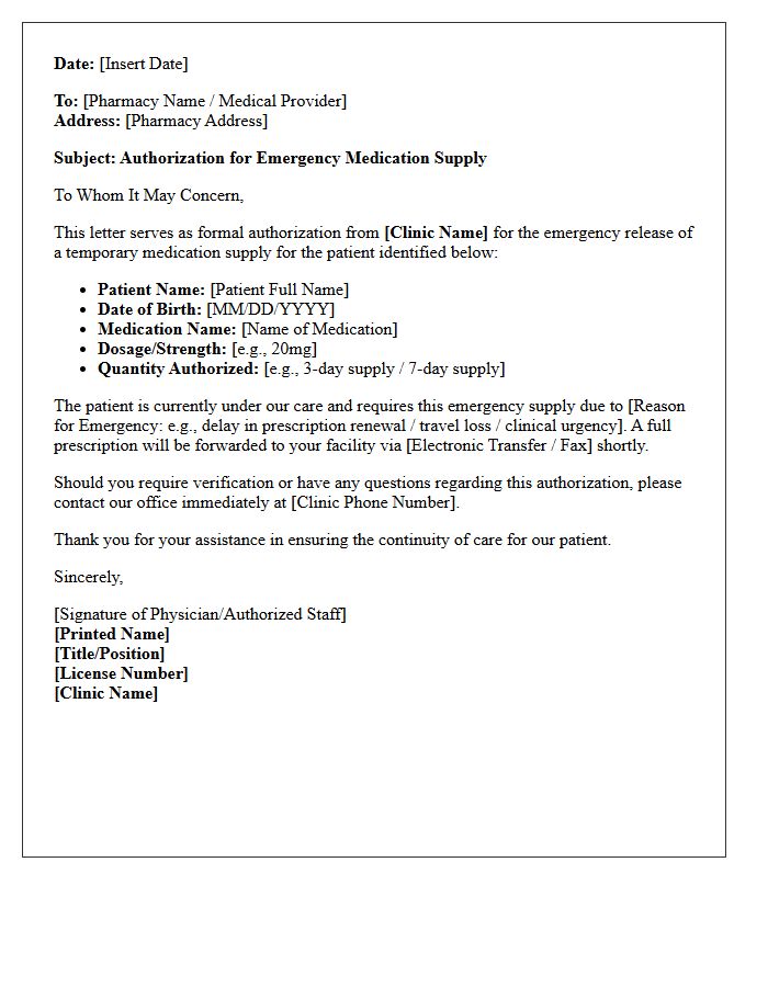 Clinic Authorization Letter for Emergency Medication Supply