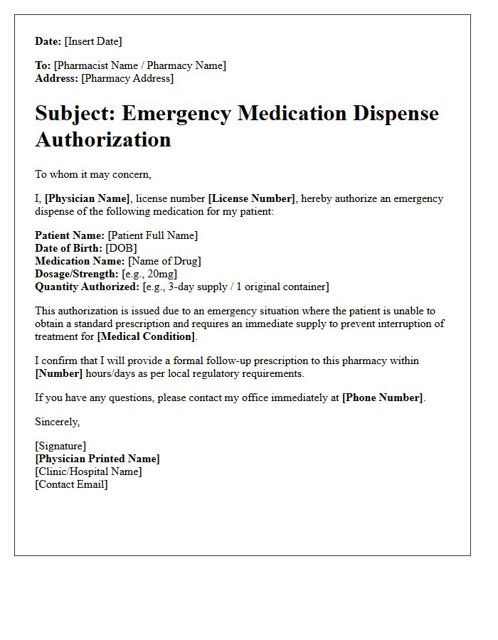 Patient Emergency Medication Dispense Authorization Letter