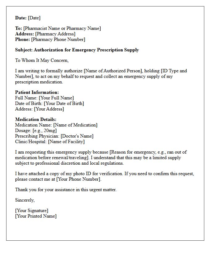 Pharmacy Authorization Letter for Emergency Prescription Supply