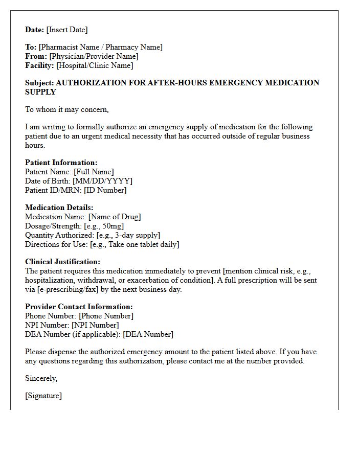 After-Hours Emergency Medication Supply Authorization Letter