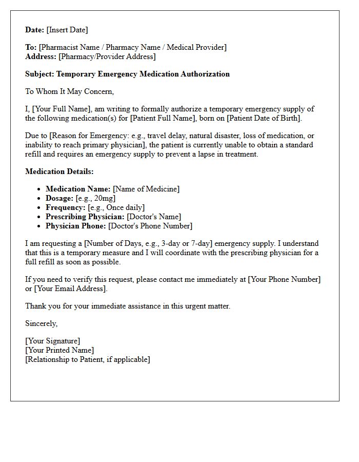 Temporary Emergency Medication Authorization Letter