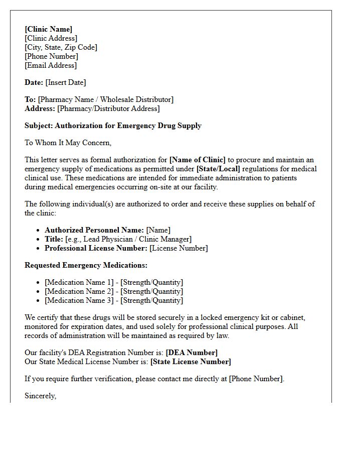 Medical Clinic Emergency Drug Supply Authorization Letter