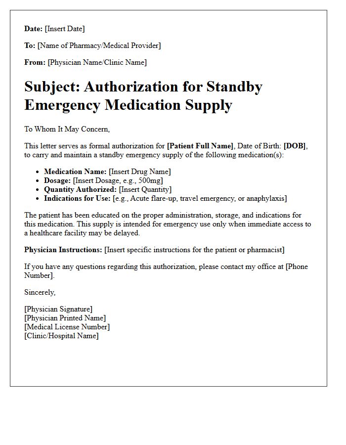 Standby Emergency Medication Supply Authorization Letter