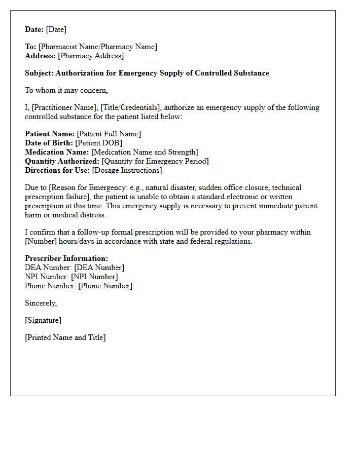 Controlled Substance Emergency Supply Authorization Letter