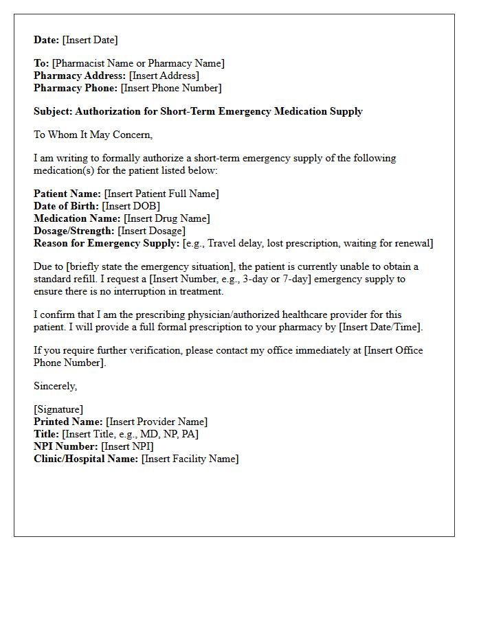 Short-Term Emergency Medication Supply Authorization Letter