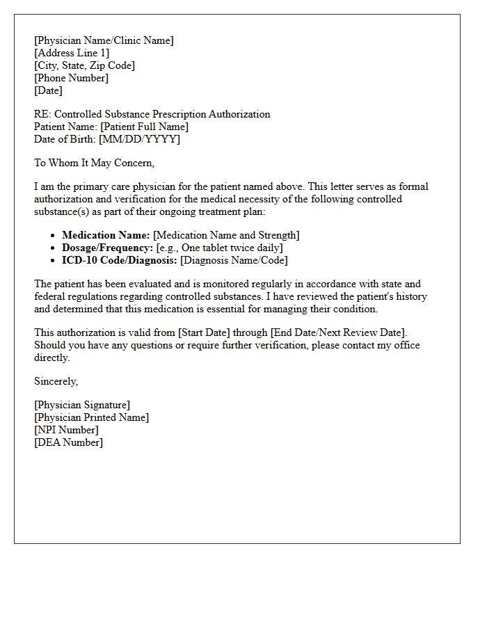 Primary Physician Controlled Substance Authorization Letter