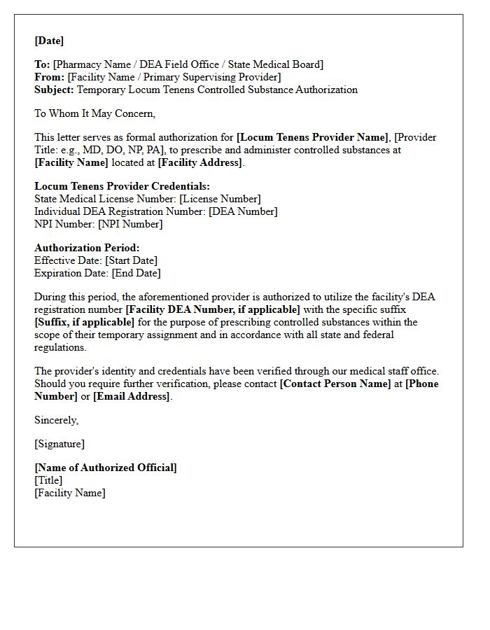 Temporary Locum Tenens Controlled Substance Authorization Letter