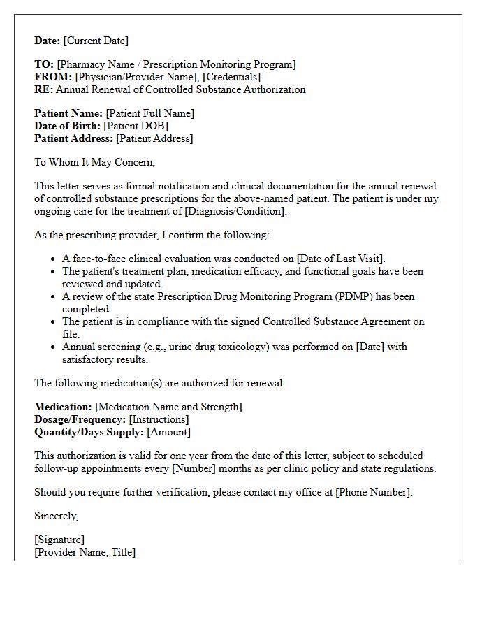 Annual Renewal Controlled Substance Prescription Authorization Letter