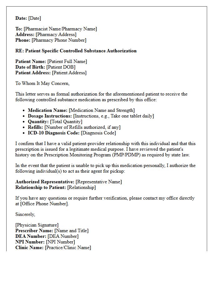 Patient Specific Controlled Substance Authorization Letter