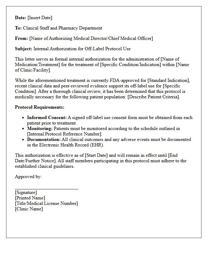 Internal Clinic Authorization Letter for Off-Label Protocols