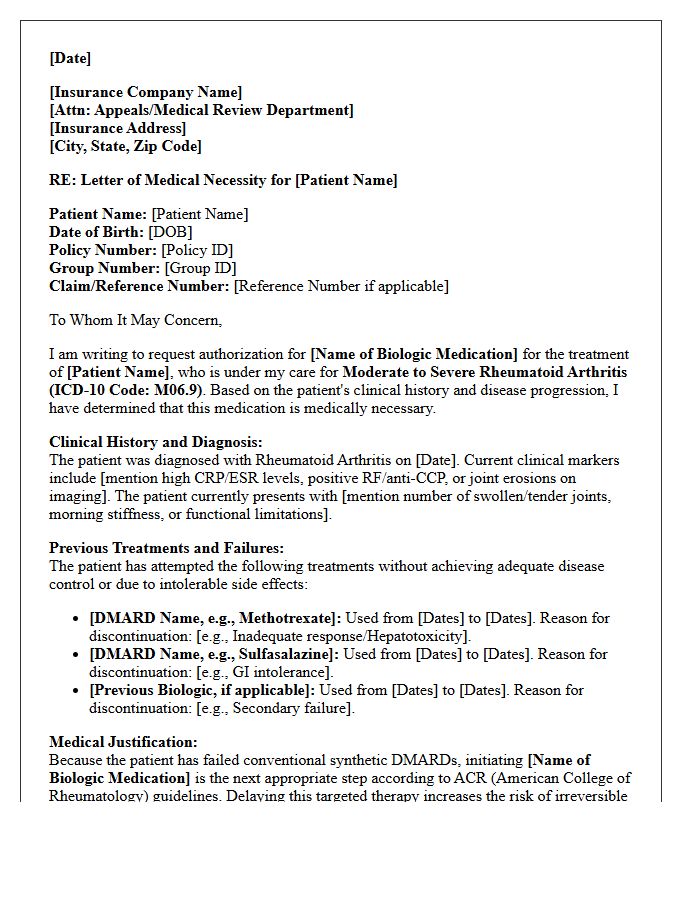 Letter of Medical Necessity for Rheumatoid Arthritis Biologic Therapy