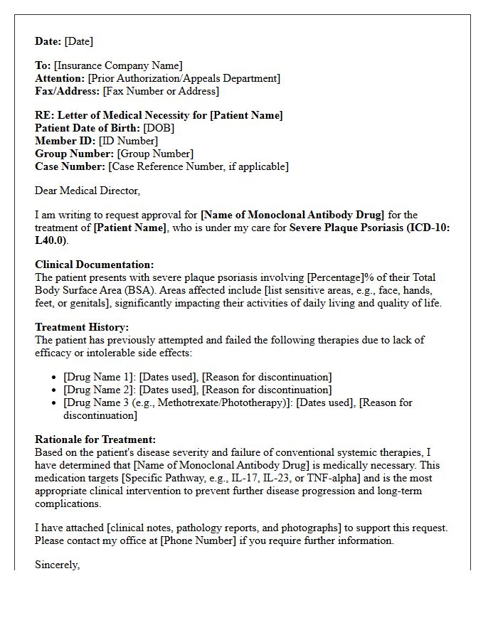 Letter of Medical Necessity for Severe Plaque Psoriasis Monoclonal Antibody
