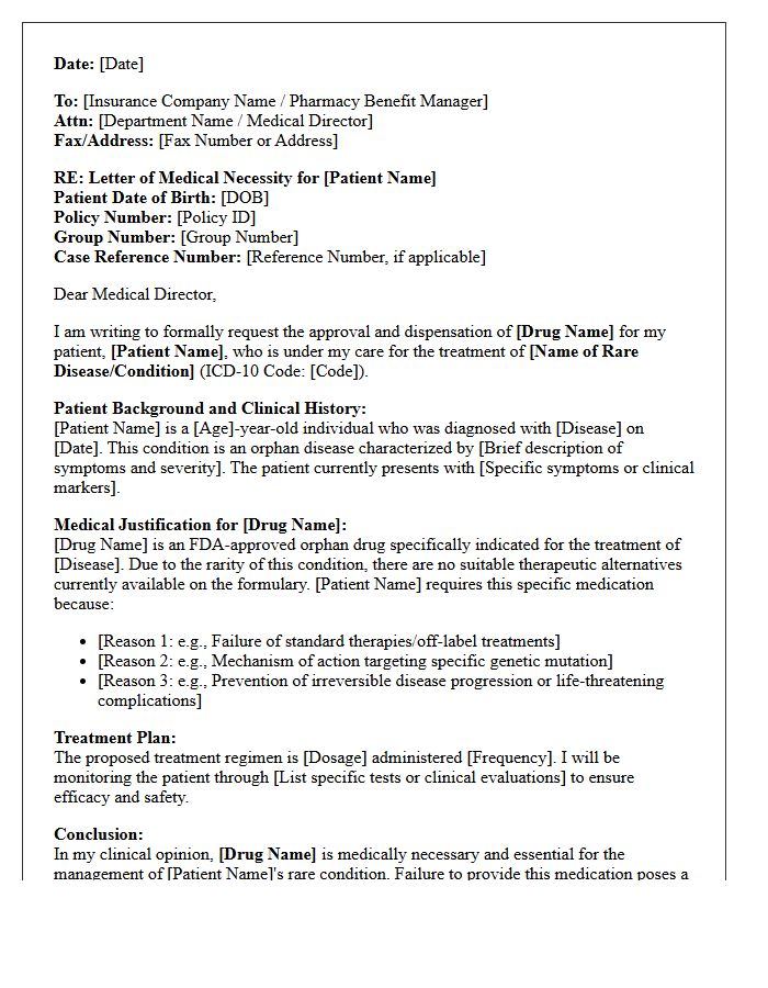 Letter of Medical Necessity for Rare Orphan Drug Dispensation