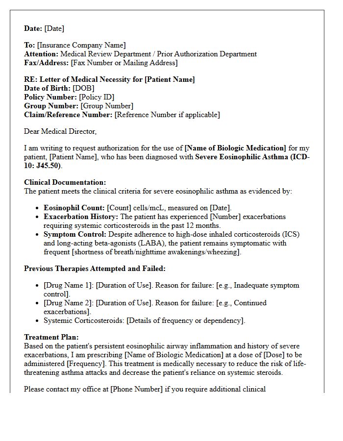 Severe Eosinophilic Asthma Biologic Treatment Letter of Medical Necessity