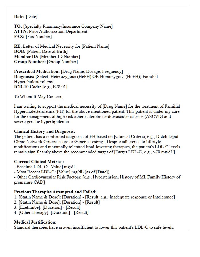 Familial Hypercholesterolemia Specialty Pharmacy Letter of Medical Necessity