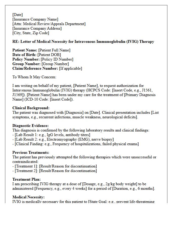 Letter of Medical Necessity for Intravenous Immunoglobulin Therapy