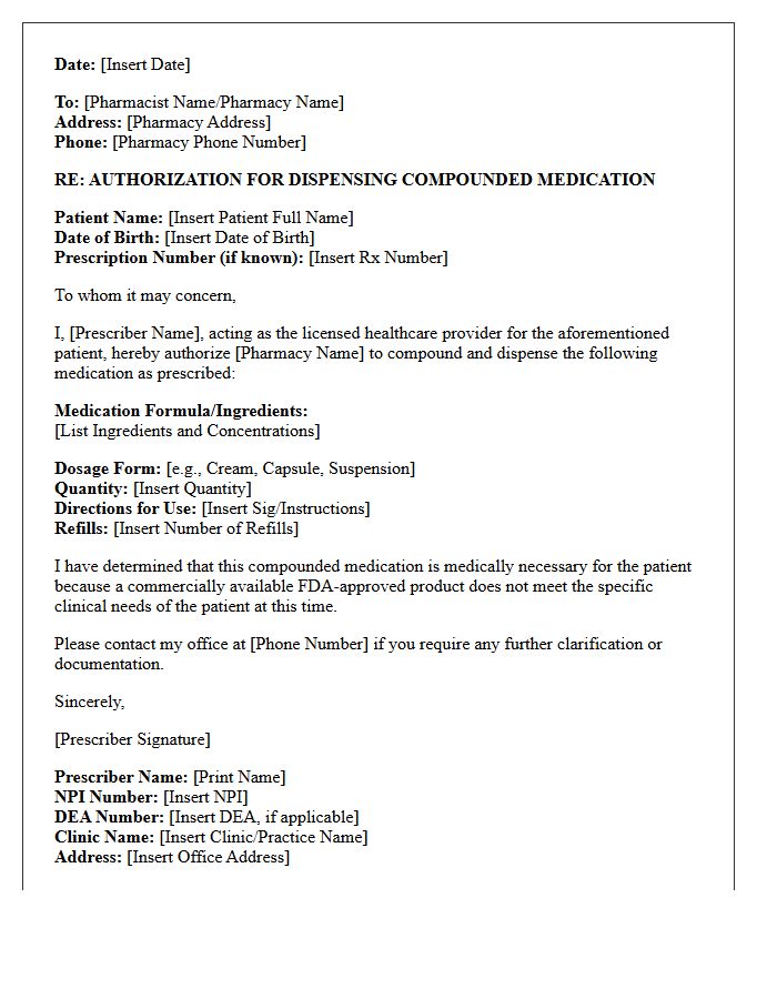 Standard Compound Prescription Dispensing Authorization Letter