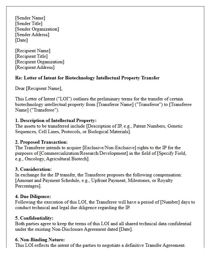 Letter Of Intent For Biotechnology Intellectual Property Transfer