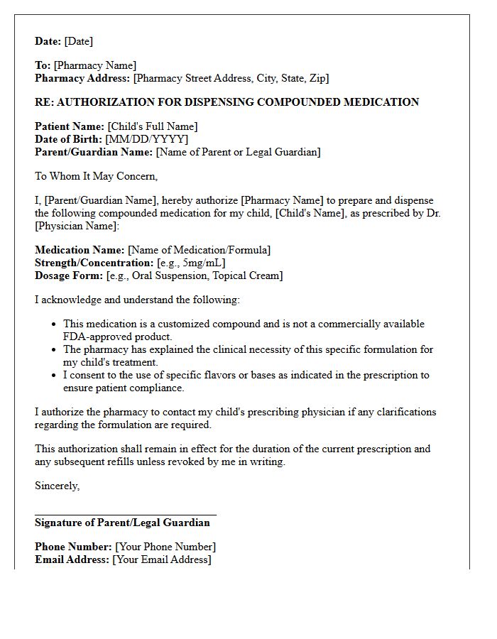 Pediatric Compound Prescription Dispensing Authorization Letter