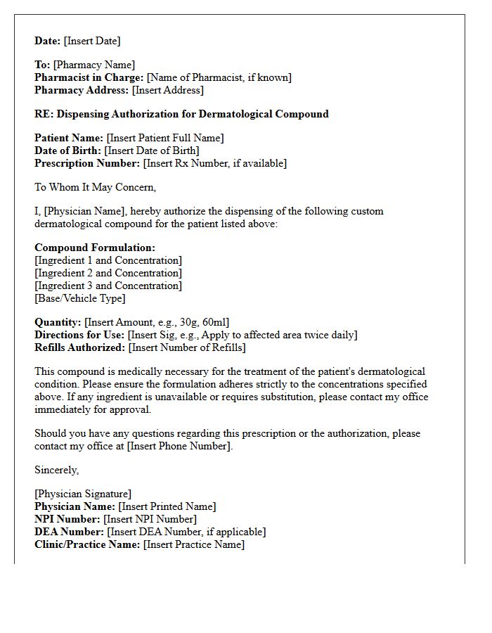 Dermatological Compound Prescription Dispensing Authorization Letter