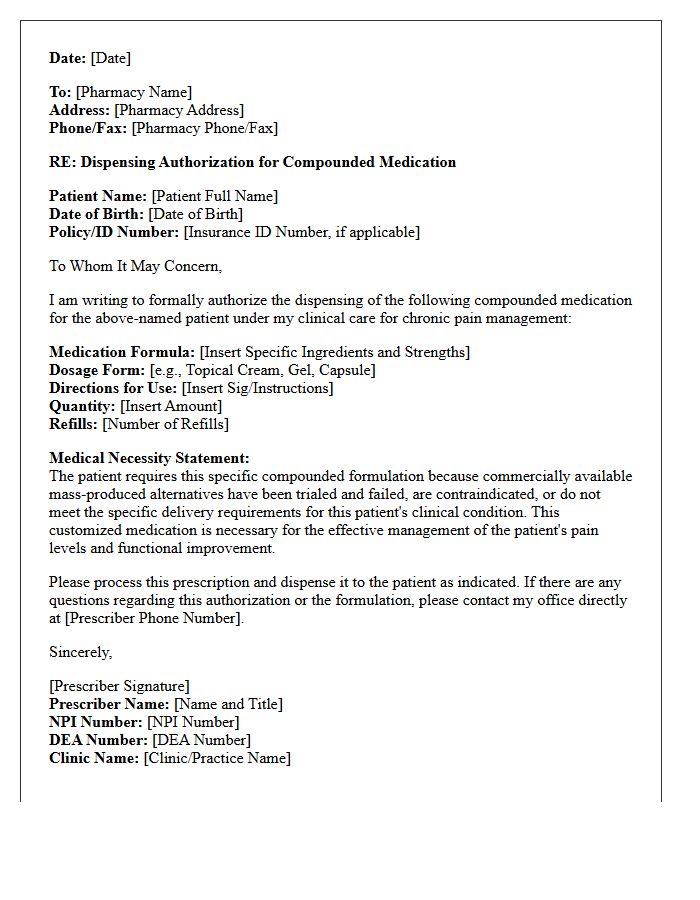 Pain Management Compound Prescription Dispensing Authorization Letter