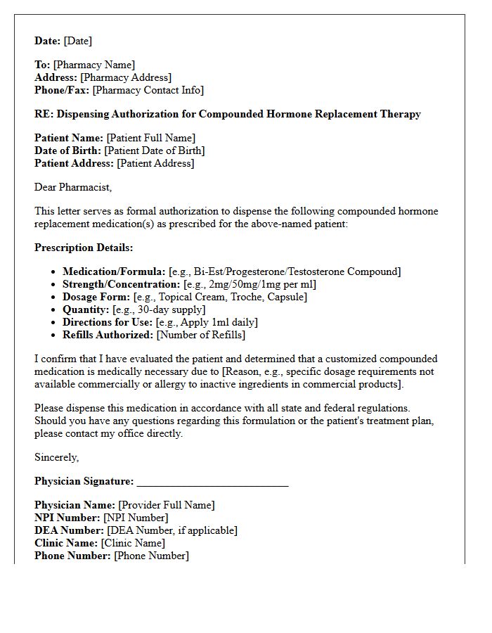 Hormone Replacement Compound Prescription Dispensing Authorization Letter