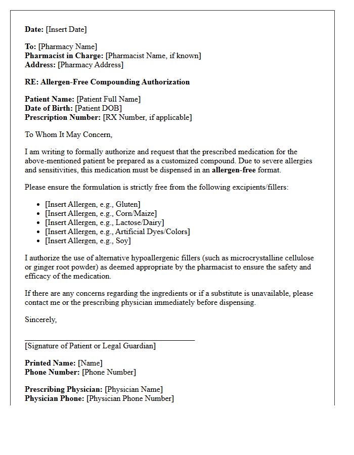 Allergen Free Compound Prescription Dispensing Authorization Letter