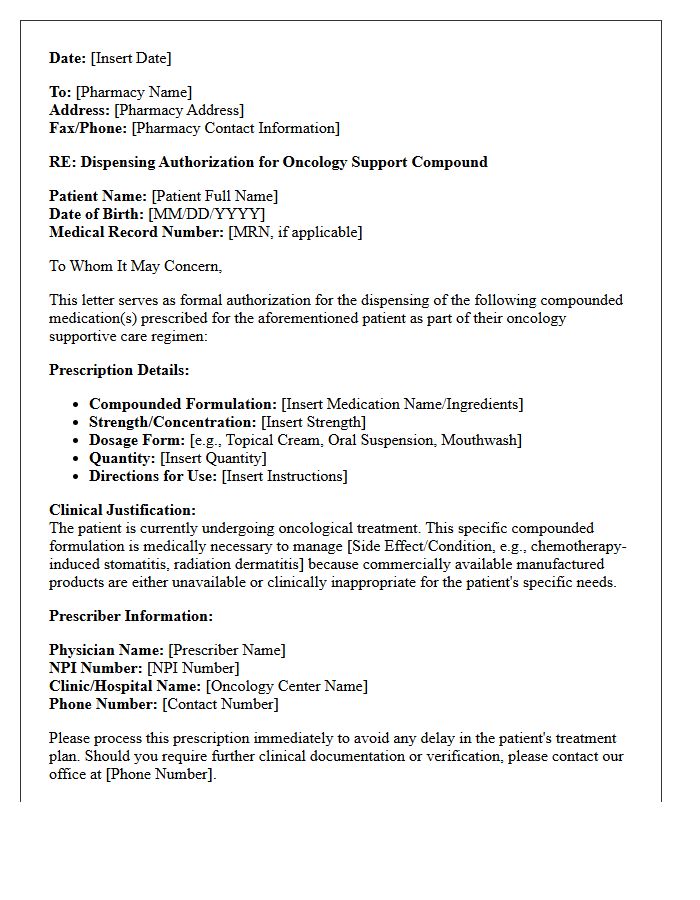 Oncology Support Compound Prescription Dispensing Authorization Letter