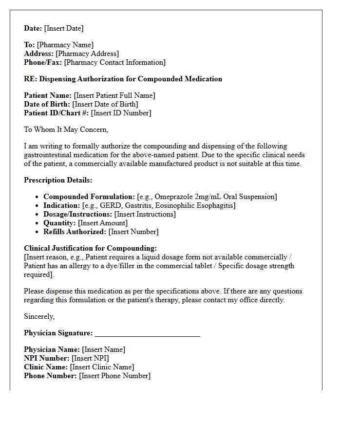 Gastrointestinal Compound Prescription Dispensing Authorization Letter